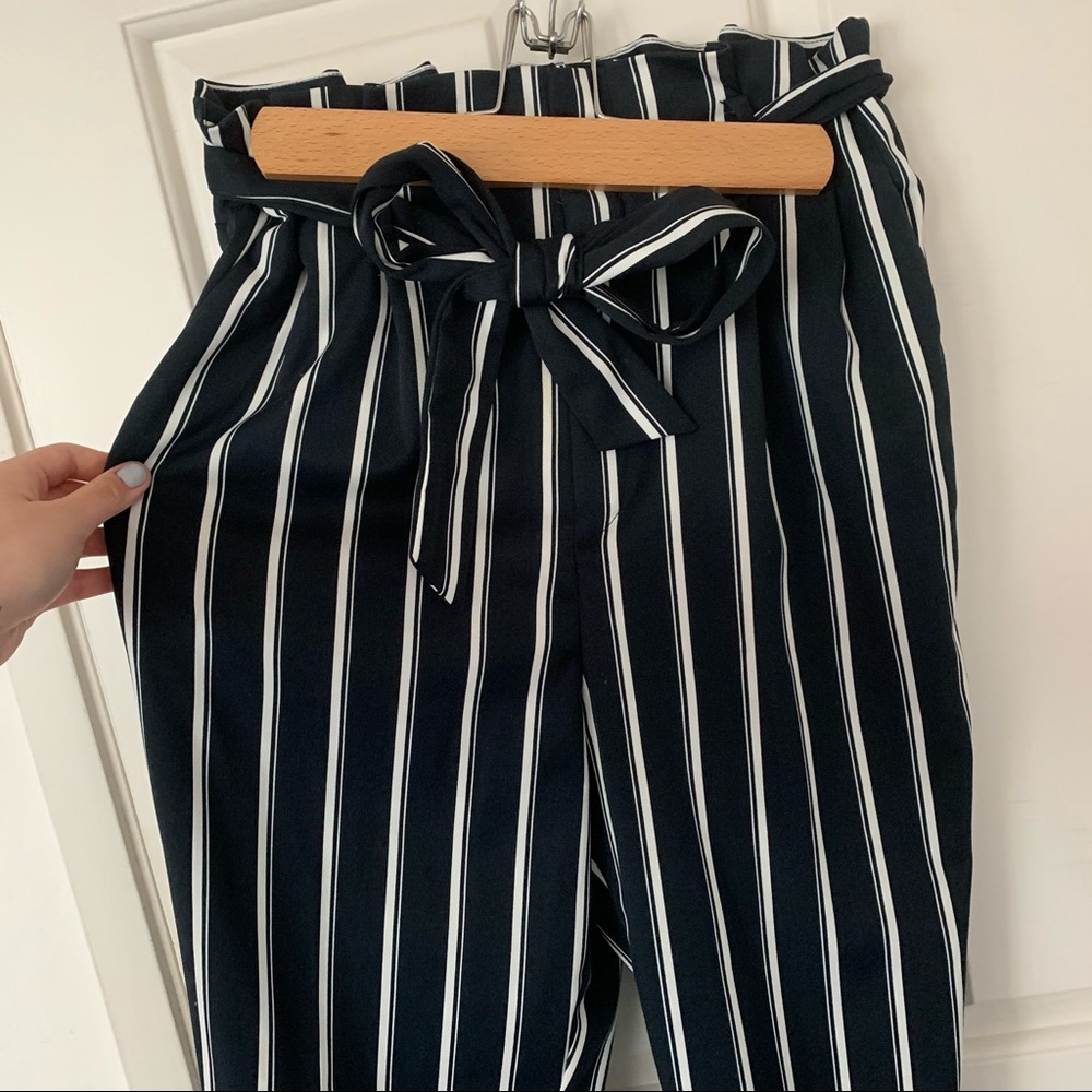 Navy Blue Striped Paper Bag Professional Pants